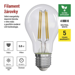 žárovka LED Filament A60, 3,8W (60W), E27, 806lm, 4000K (neutr.bílá) - energ.tř."A"