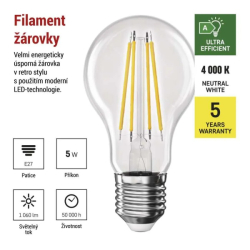 žárovka LED Filament A60, 5W (75W), E27, 1060lm, 4000K (neutr.bílá) - energ.tř."A"