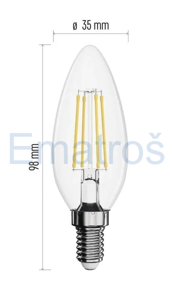 žárovka LED Filament svíčka 6W, E14, 810lm, 4000K (neutr.bílá)